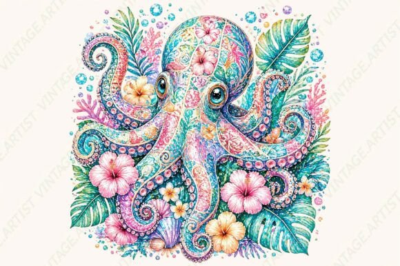 Download Colorful Octopus Tropical Floral PNG - Octopus Collection