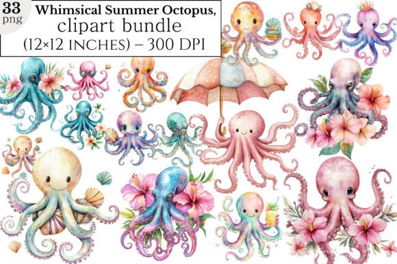 Download Whimsical Summer Octopus Clipart Bundle - Octopus Collection