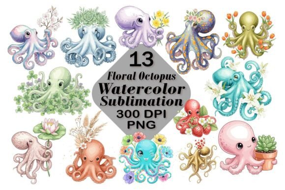 Download Floral Octopus Watercolor Sublimation - Octopus Collection